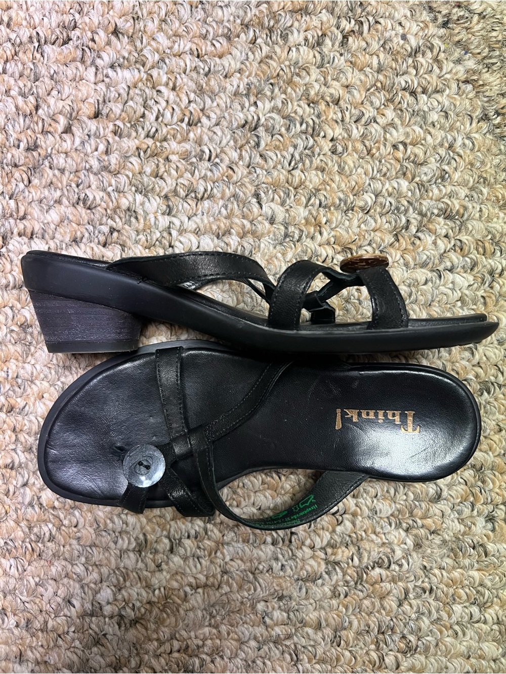 Think! Black Leather Low Block Heel Slide Sandals Size EU 38 /US 6.5-7